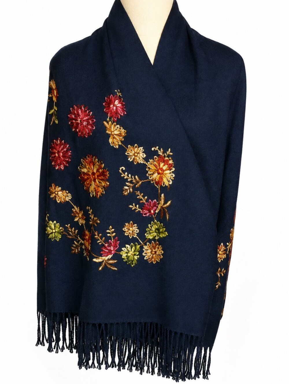 New Unbranded Navy Blue Embroidered Floral Fringe Shawl Wrap Scarf